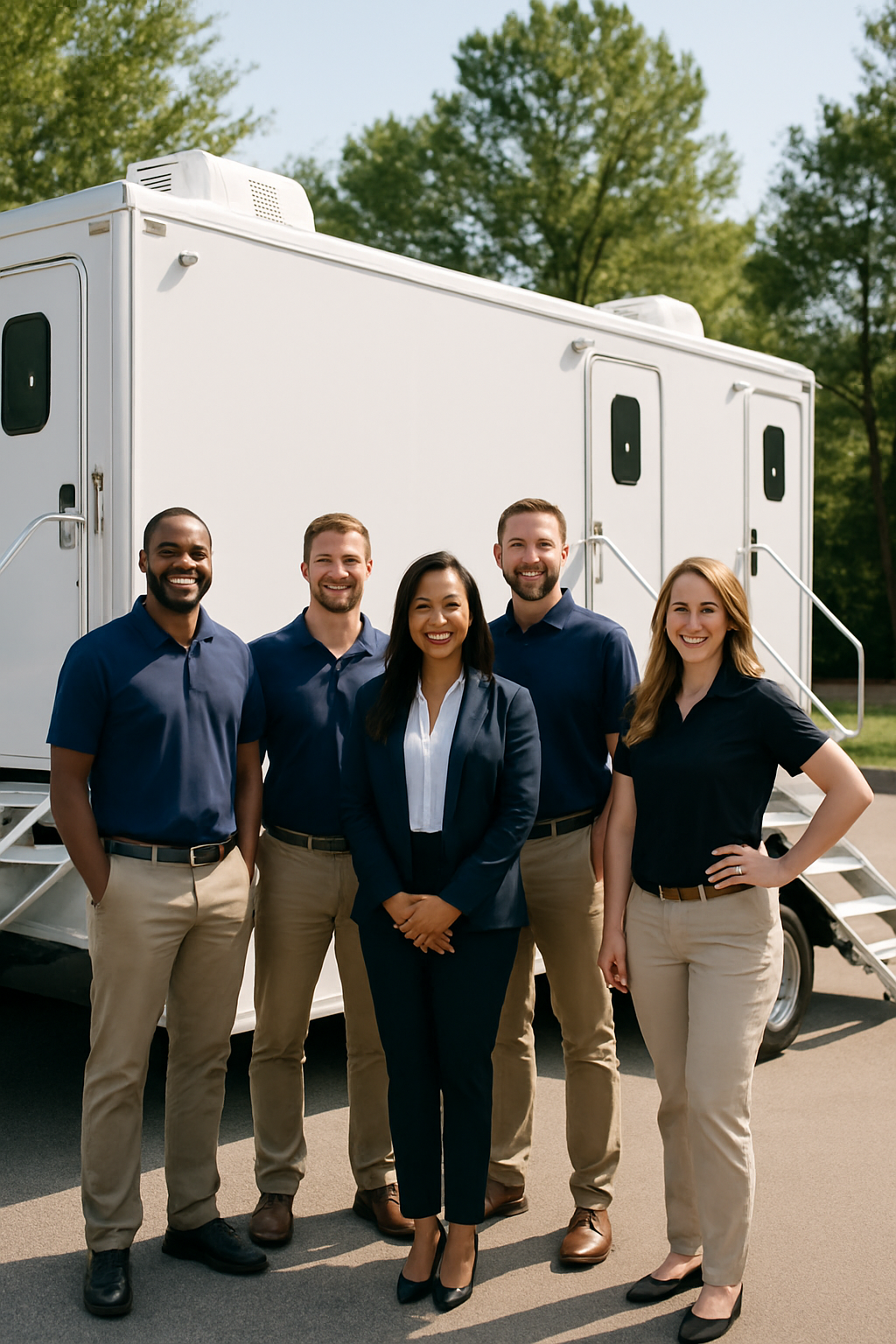 Luxury Portable Bathroom team delivering climate-controlled restroom trailers across Greensboro and the Triad