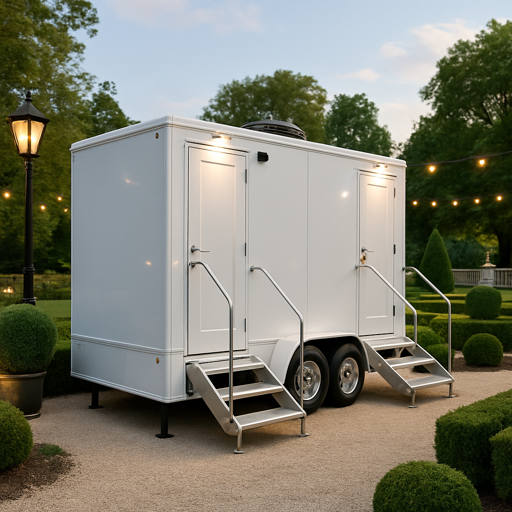 Luxury restroom trailer rentals staged for Greensboro weddings, corporate events, and VIP hospitality